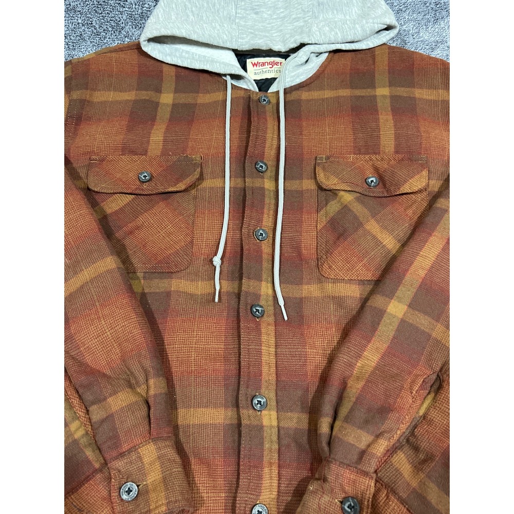Wrangler Authentics Mens XL Quilted Lined Hooded Flannel Shirt Jacket Plaid Rust